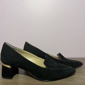 Low heel loafers with gold detail heel